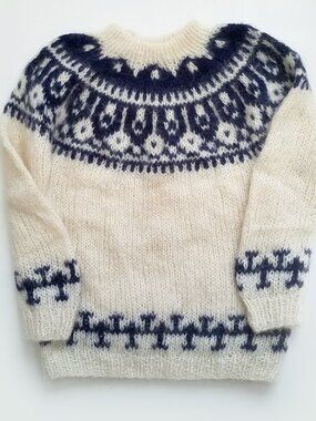 Authentic Hand Knit Icelandic Wool Lopapeysa Sweater White Black Size S